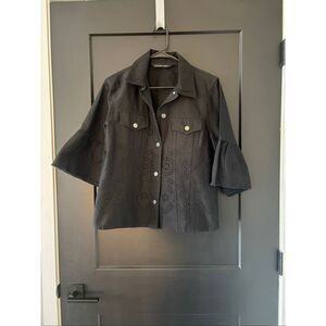 Colleen Lopez Black Denim Pointelle Eyelet Shirt Jacket Size Medium